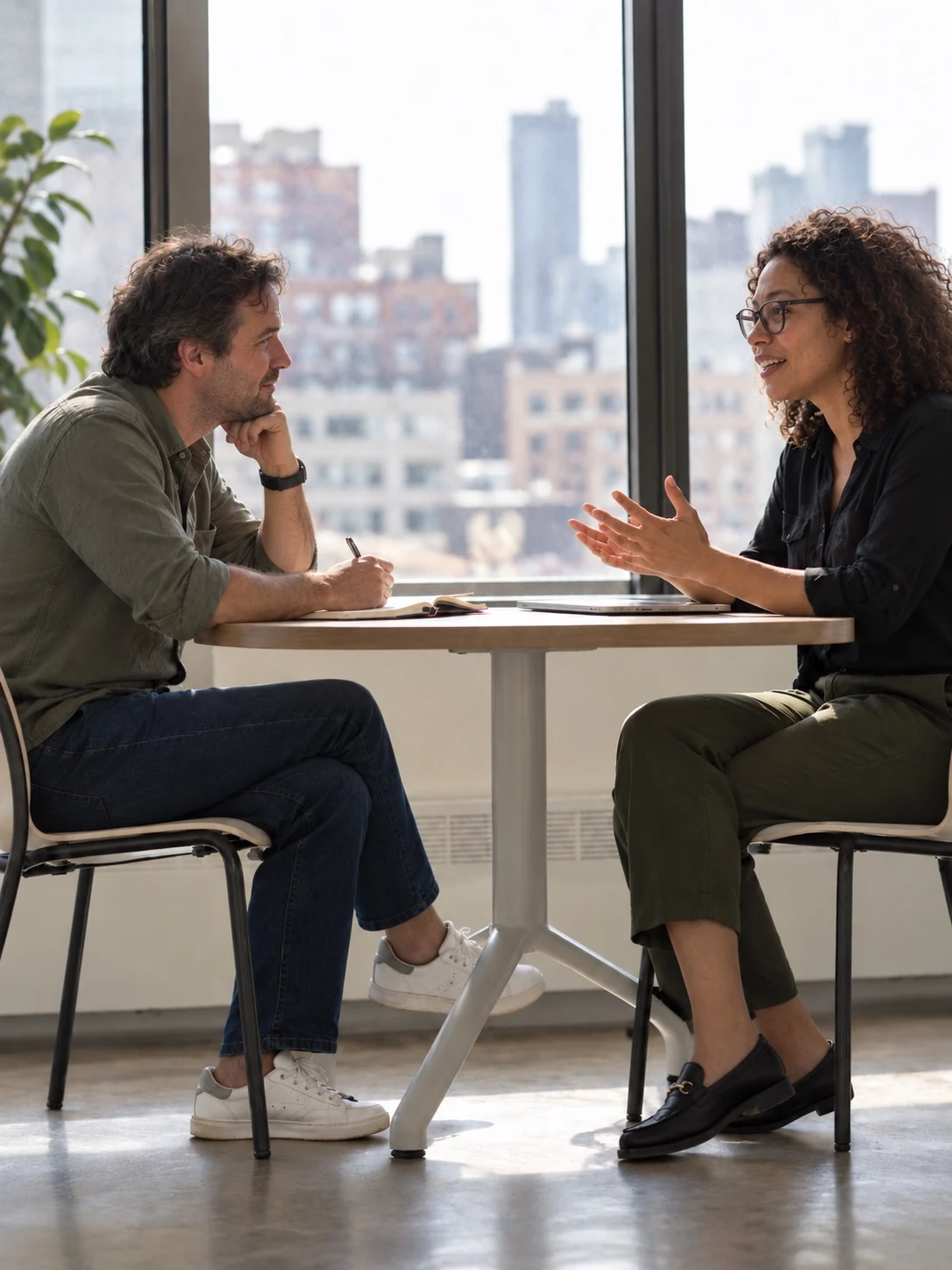 Échange professionnel en face-à-face dans un bureau lumineux